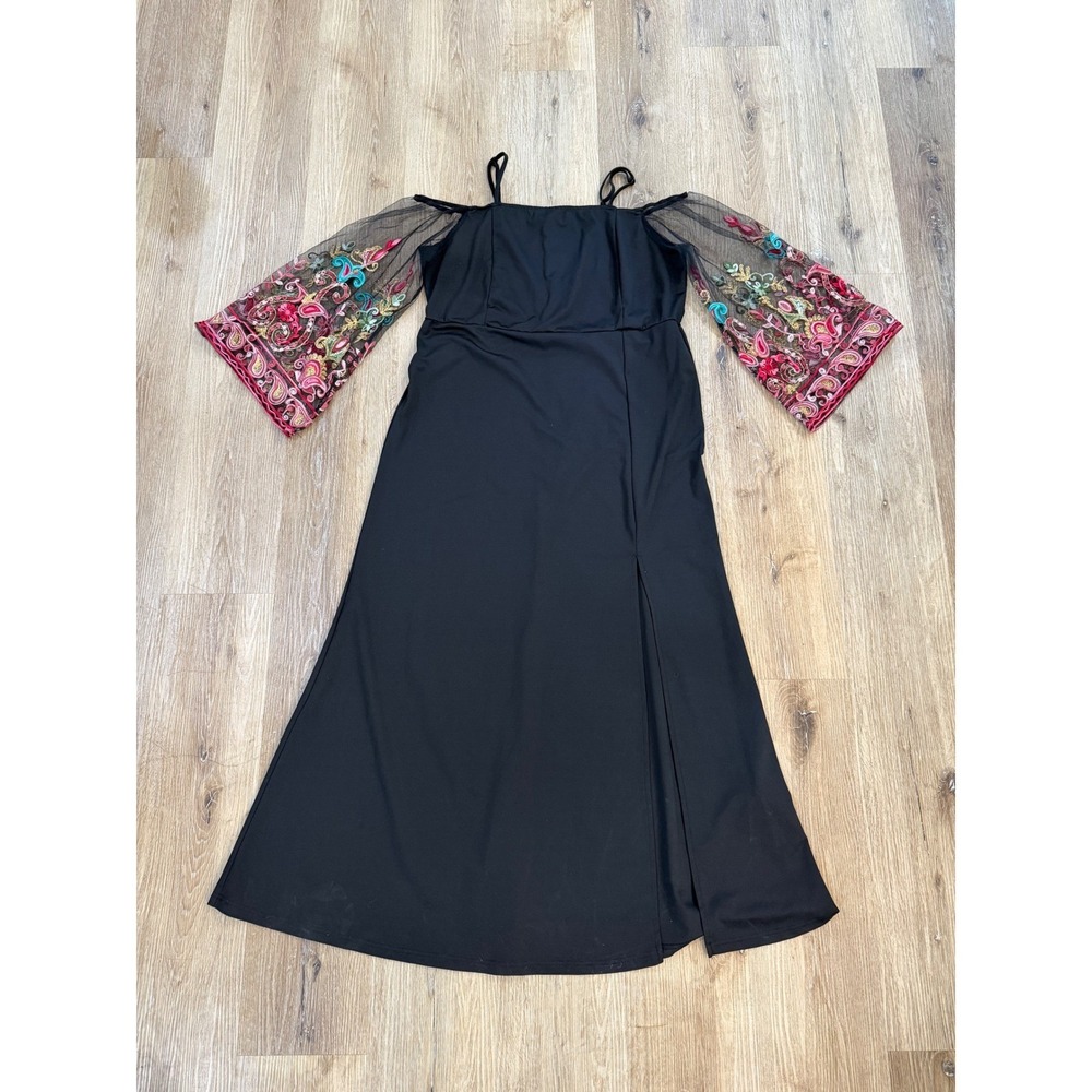 Whimsygoth Floral Boho Maxi Dress Womens 2XL Black‎ Embroidered Mesh Bell Sleeve